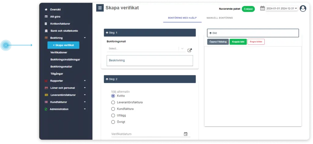 Skärmbild som visar hur man går till Meny och väljer Skapa verifikat i Enkelbok.