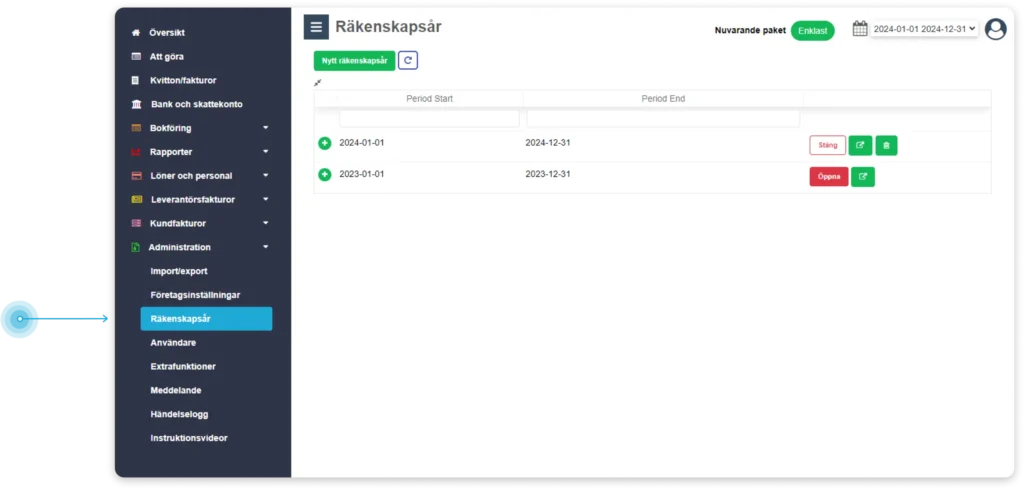 Fliken Räkenskapsår i Enkelbok där man kan uppdatera ingående balanser.