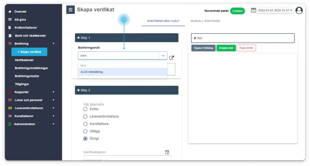 Skärmbild som visar valet av verifikatdatum för ALMI bidrag.