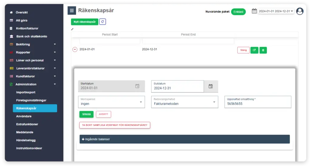 Vy i Enkelbok där ingående balanser kan uppdateras för ett nytt räkenskapsår.