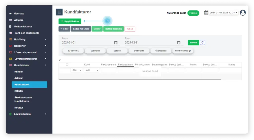 Lista över kundfakturor i Enkelbok med knappen Ny faktura markerad.