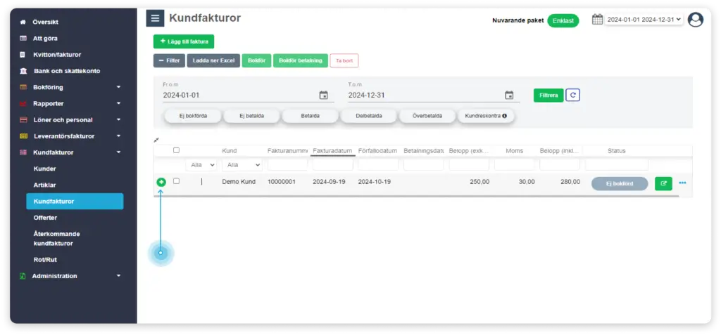 Lista över kundfakturor i Enkelbok med markerad faktura att uppdatera.