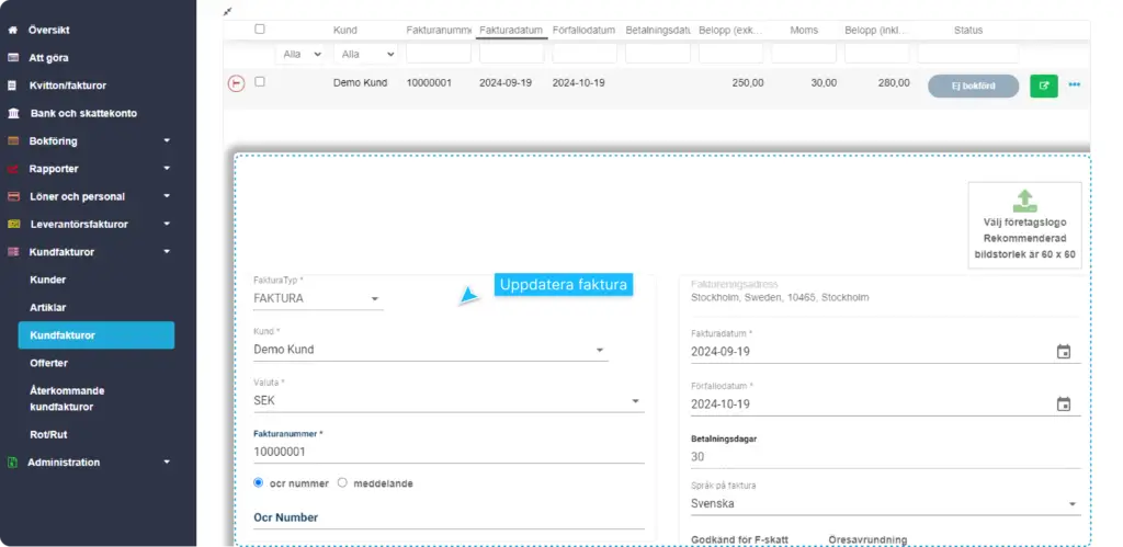Formulär i Enkelbok där uppgifter i kundfakturan kan uppdateras.
