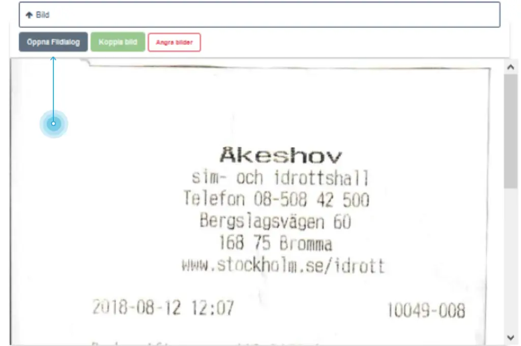 Skärmbild som visar hur man laddar upp kvitto genom knappen Öppna Fildialog.