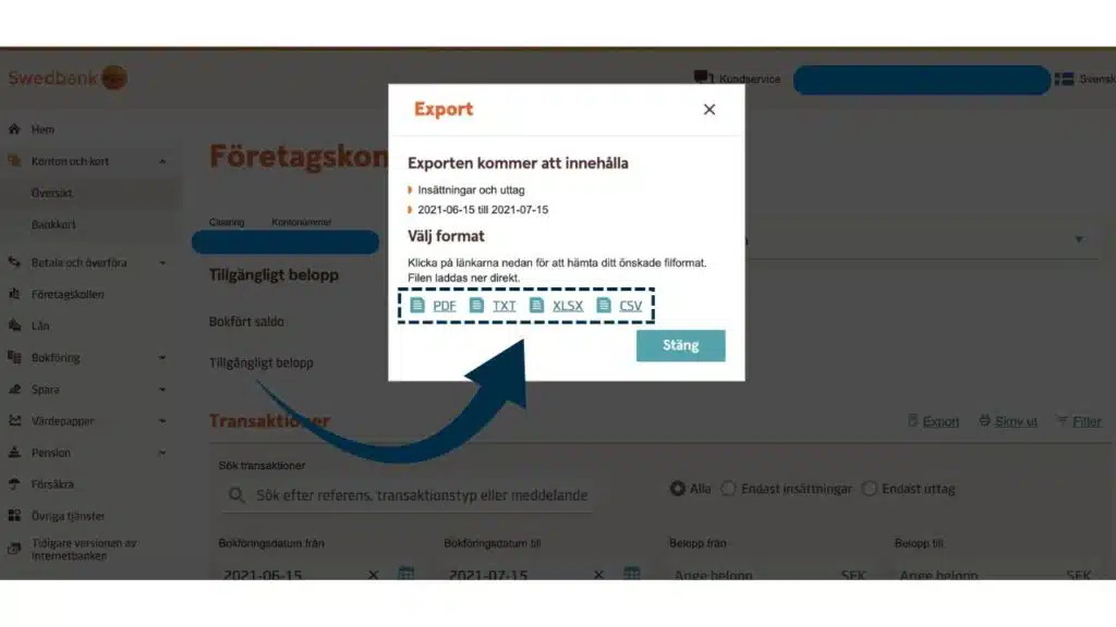 Exportera-knapp i Swedbanks översikt för att exportera banktransaktioner från Swedbank.