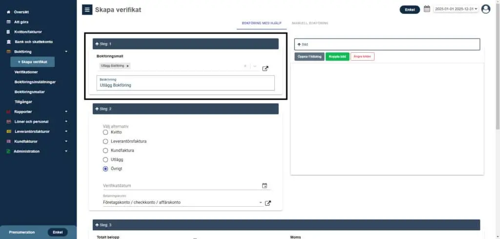 Exempel på registrerad affärsutgift med privata medel i Enkelbok
