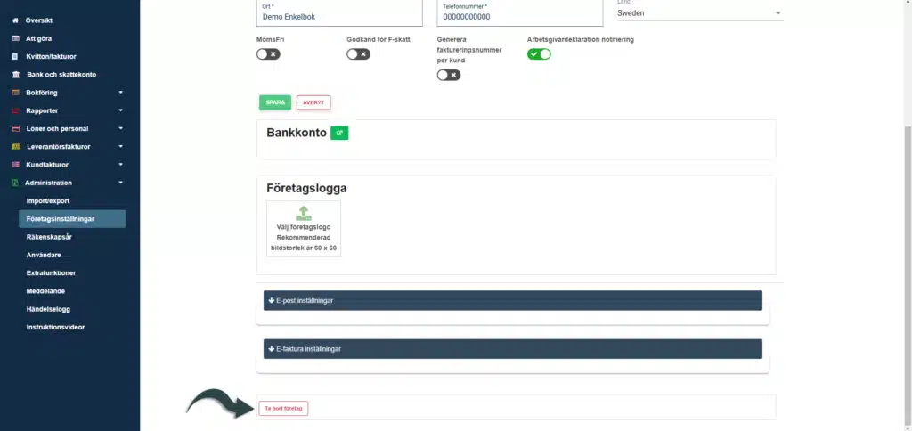 Inställningssidan där du börjar processen för hur man raderar ett företag i Enkelbok.