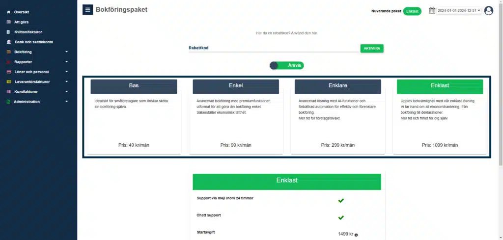 Val av nytt abonnemangspaket i Enkelbok som en del av hur du ändrar ditt paket i Enkelbok.