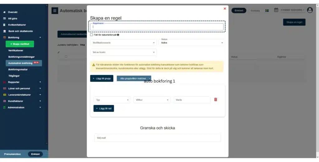 Automatisk regel tillämpad på en banktransaktion med matchade kriterier och föreslagna konton