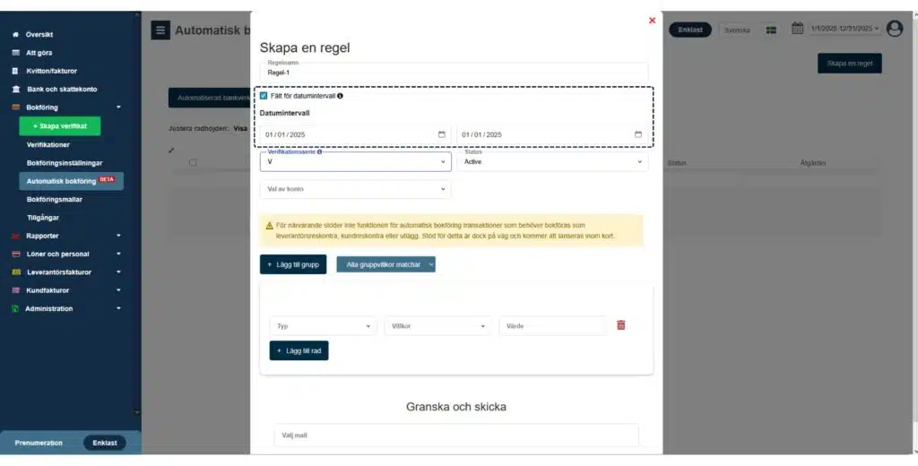 Lista över aktiva automatiska bokföringsregler med information om villkor, konto och status