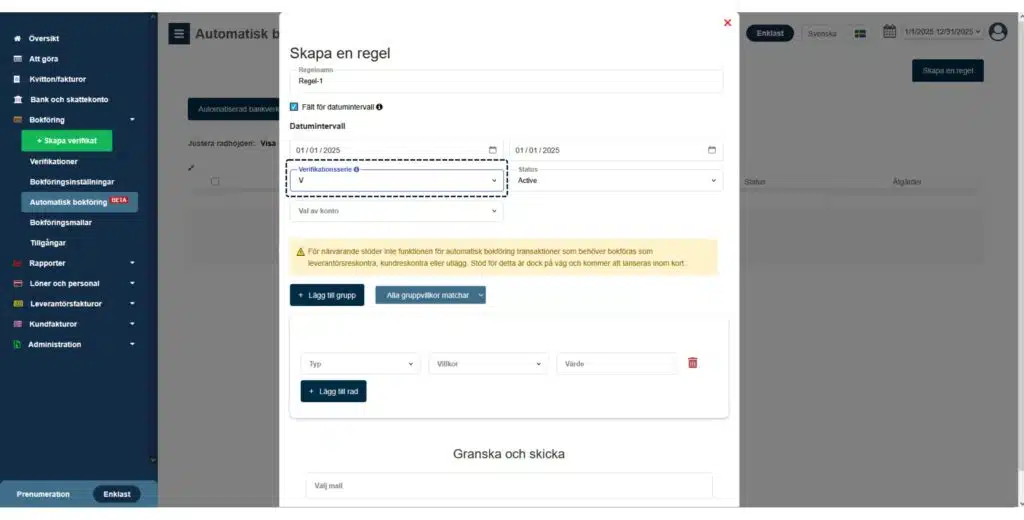 Skärmbild som visar hur man skapar en bokföringsregel i Enkelbok