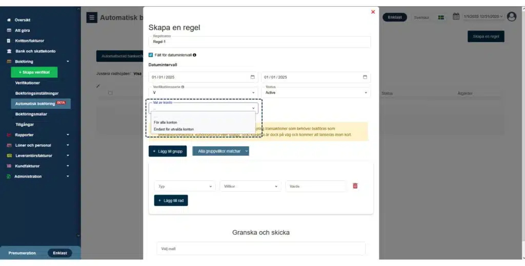 Förhandsvisning av transaktion som matchar vald regel